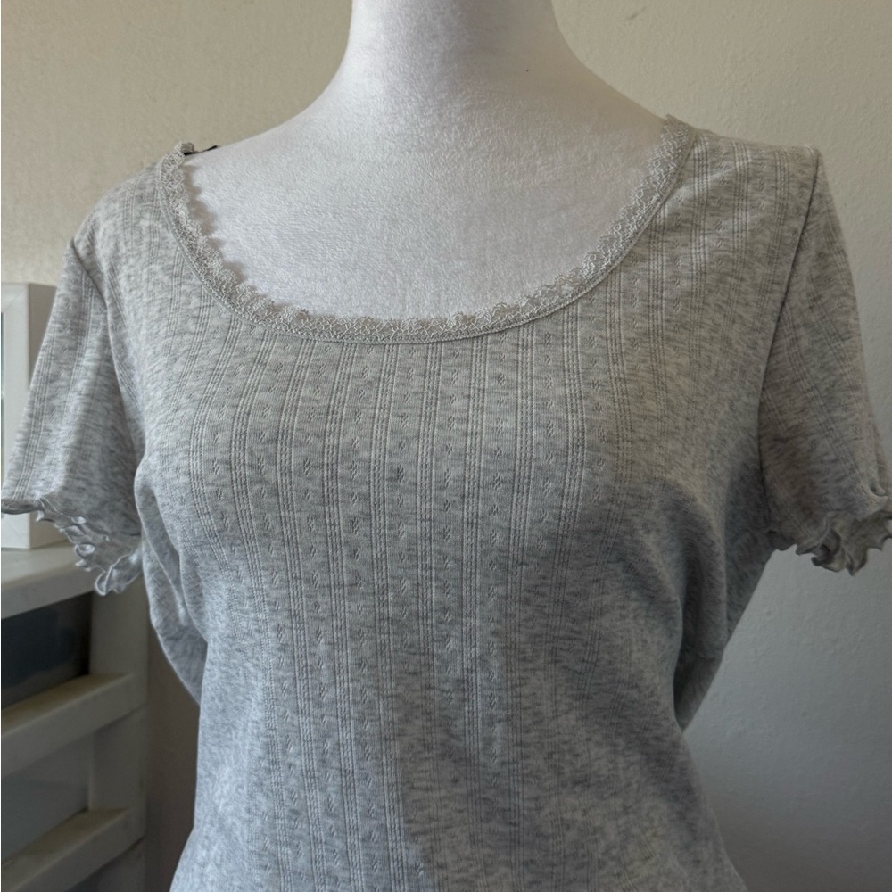 H&M Light Gray Lace-Trim Scoop Neck Short Sleeve Top